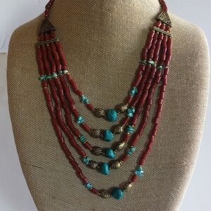Boho Multi-Strand Red Glass and Turquoise Beaded Necklace -20"L  5 Strands.